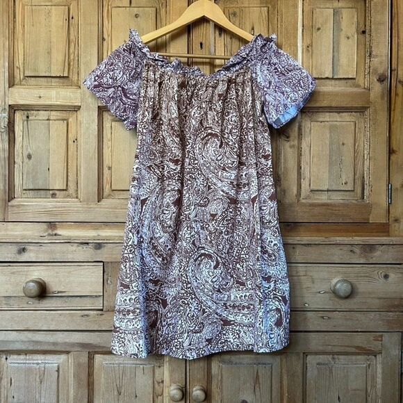 Free People Medium Tunic Brown Purple White Mini Dress Off The Shoulder Babydoll - Picture 2 of 7